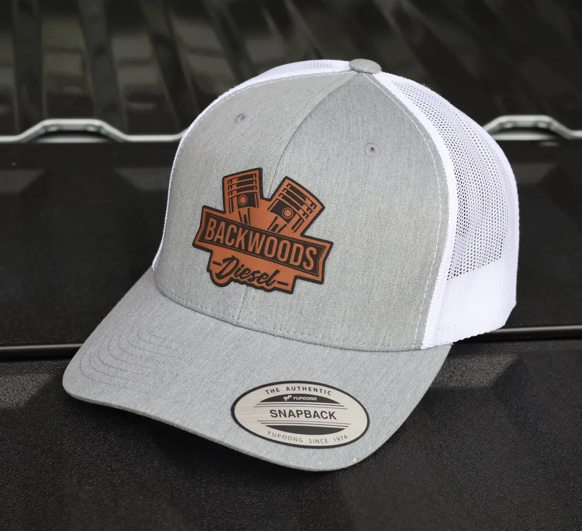 Backwoods Diesel Trucker Hat – Heather Gray & White Snapback With Leather Patch 1