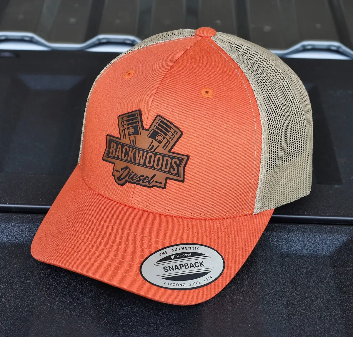 Backwoods Diesel Trucker Hat – Rustic Orange & Khaki Snapback With Leather Patch 1